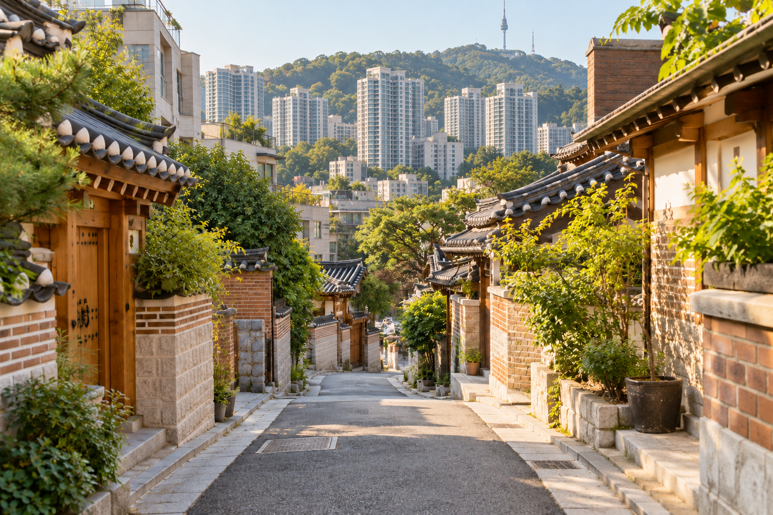 AI-generated photographic scene of a quiet Seoul-style lane with hanok rooftops, greenery and high-rise apartment buildings.