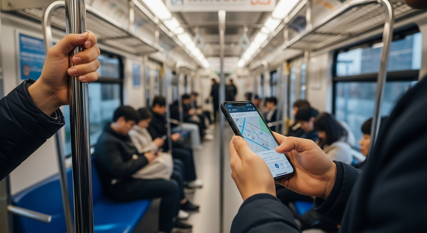 Foreigner using Korean SIM card on smartphone in Seoul subway