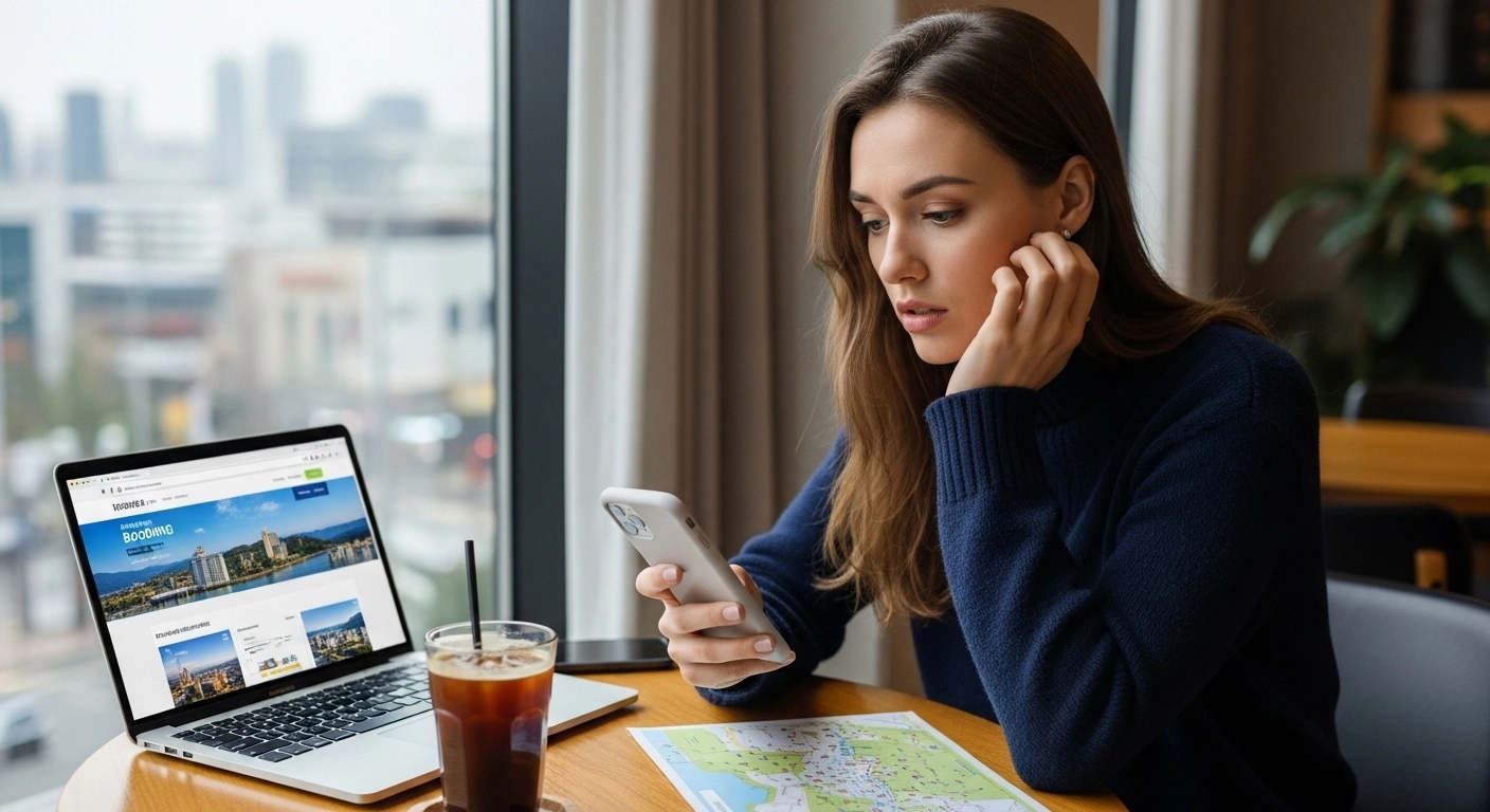 Foreign woman searching K-POP concert accommodation on smartphone at Korean cafe with laptop showing hotel booking website