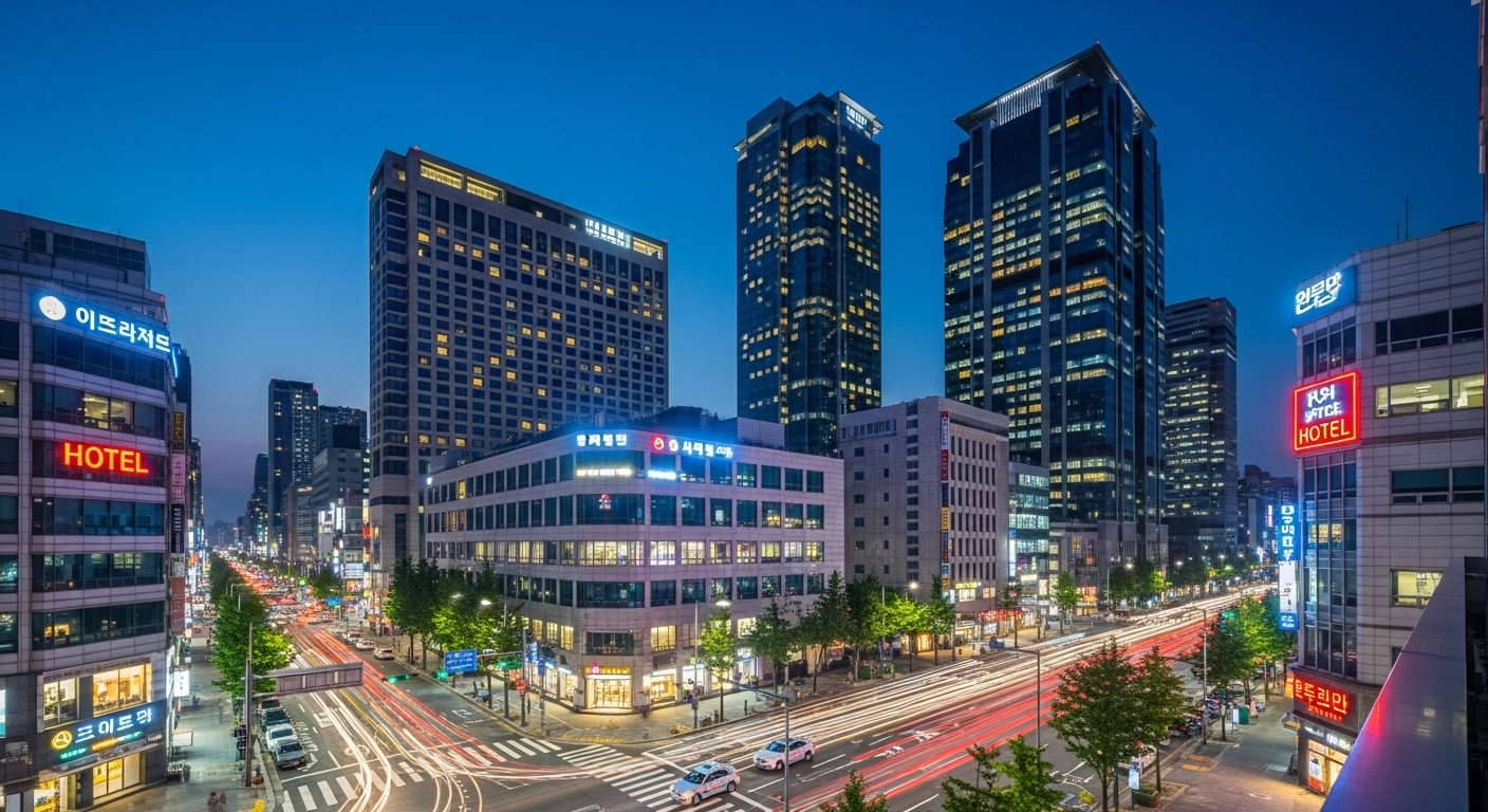 Seoul hotel district at night showing illuminated buildings representing dynamic accommodation pricing