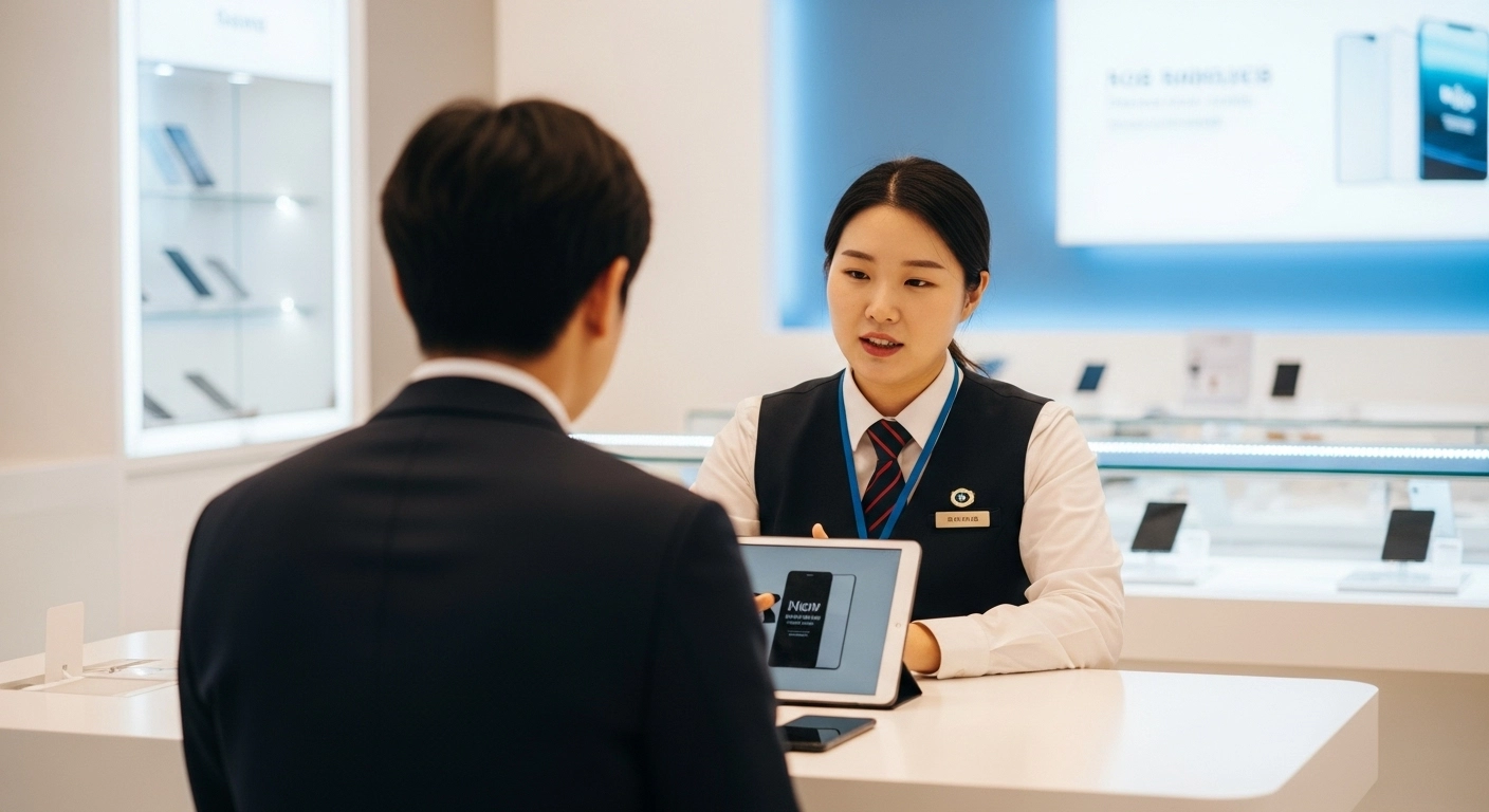 Customer consulting with staff at a Korean mobile carrier store