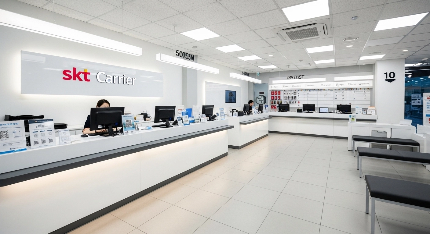 Phone number verification Korea foreigners - Korean mobile carrier store interior showing customer service desk