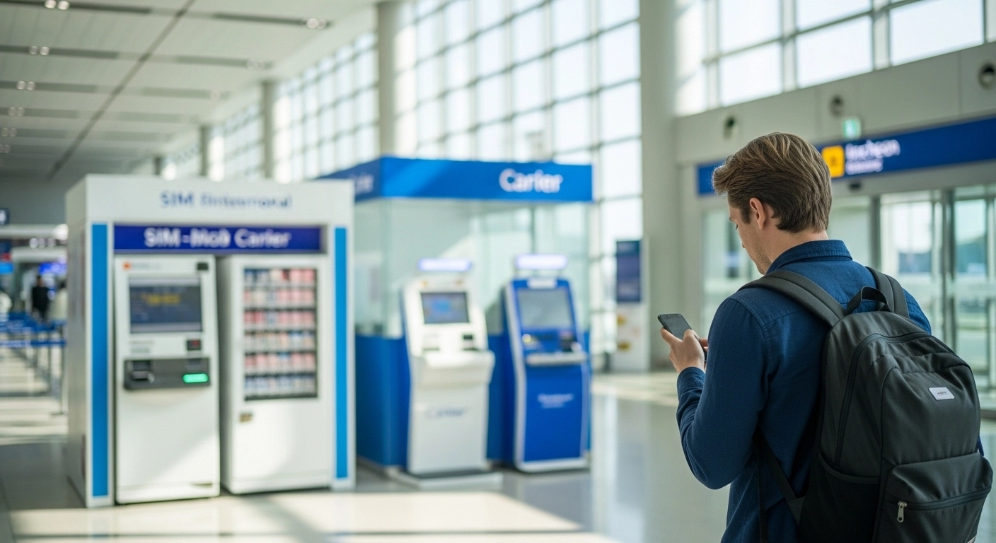 Phone number verification Korea foreigners - American traveler at Incheon Airport arrival hall checking smartphone