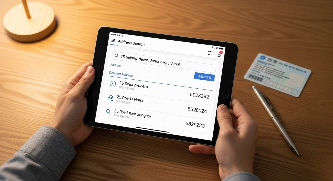 Foreigner filling out a Korean address form on a tablet showing road-name address fields