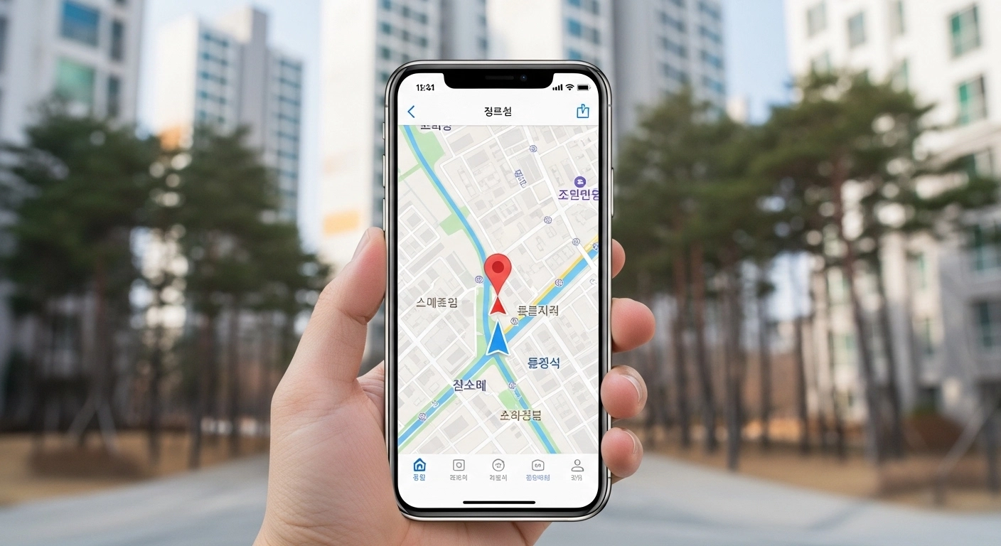 Smartphone showing Korean navigation app with road-name address pinpointed on a Seoul street