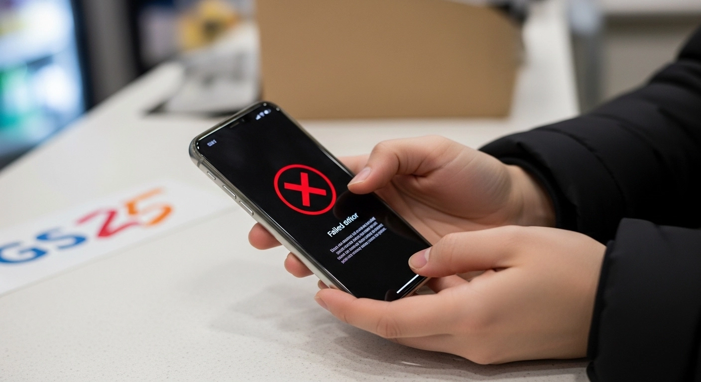 Person holding smartphone at Korean convenience store unable to complete phone verification for service signup