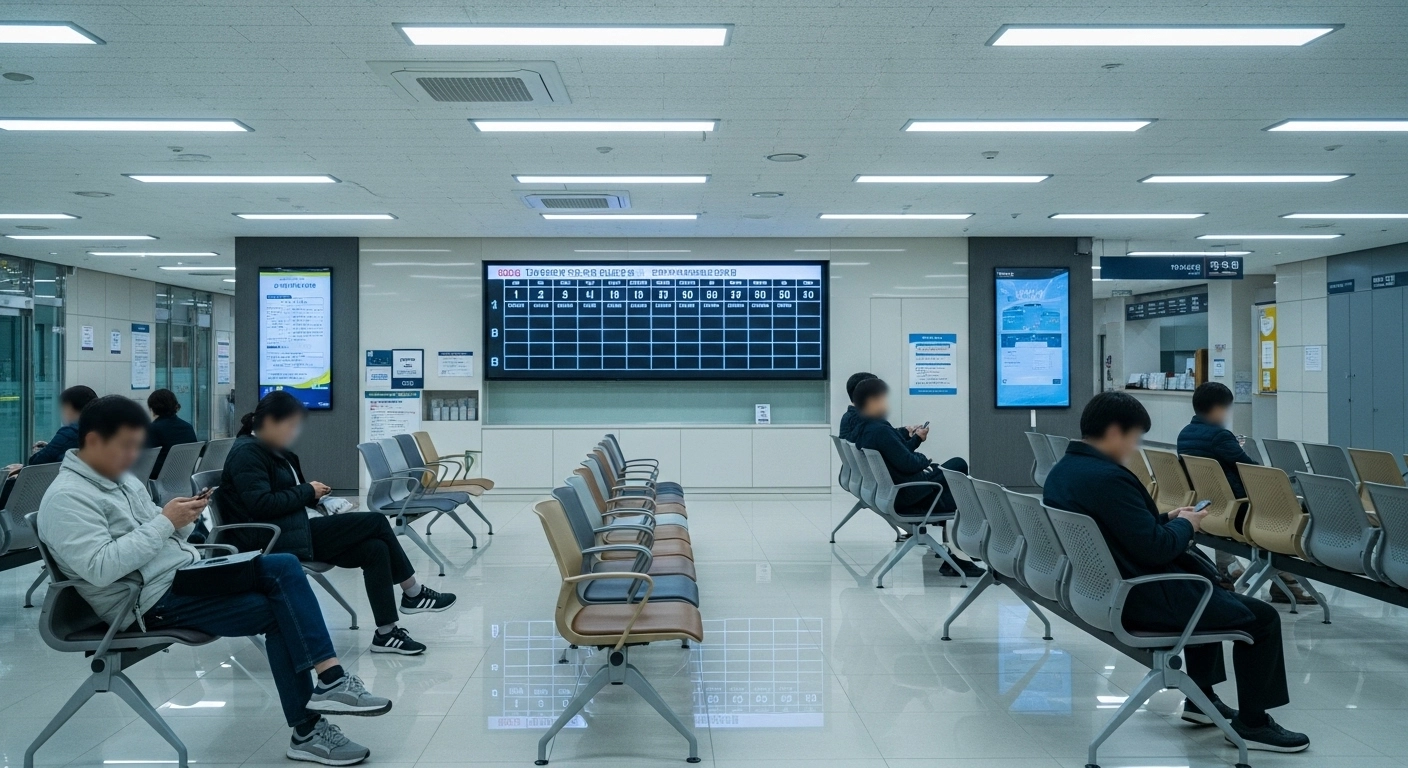 Waiting area inside Korean government office with numbered ticket system where foreigners handle administrative tasks