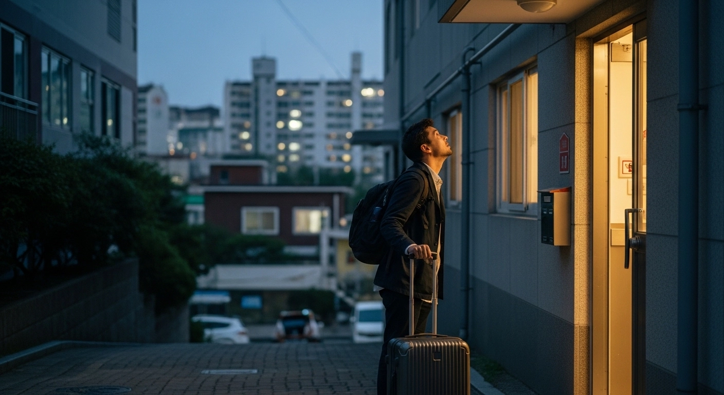 Foreigner with luggage arriving at Korean residential building exploring temporary housing Korea foreigners options at dusk