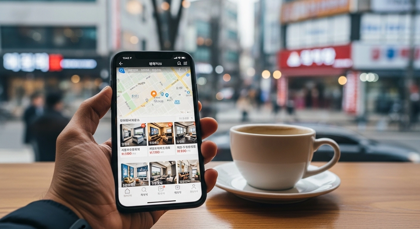 Smartphone screen showing Korean rental listing with foreigner reviewing housing options in Seoul