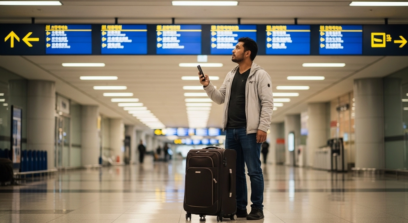 Airport transportation in Korea for foreigners — traveler with luggage at Incheon Airport arrivals hall