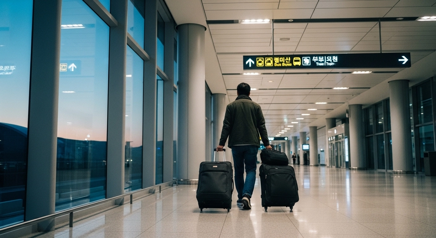 Airport transportation Korea foreigners navigate at Incheon arrivals hall with luggage and smartphone