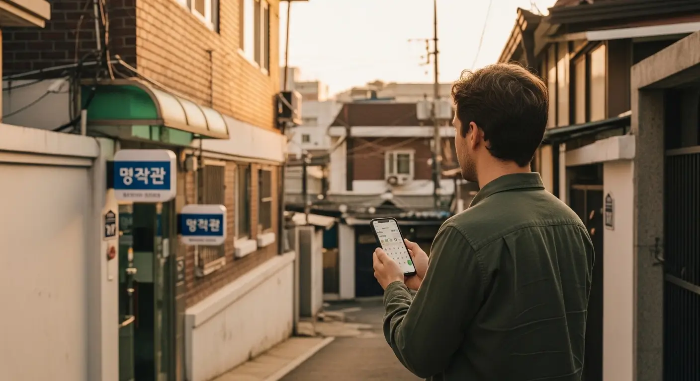 Foreigner comparing guesthouse vs one room Korea cost options in a residential neighborhood