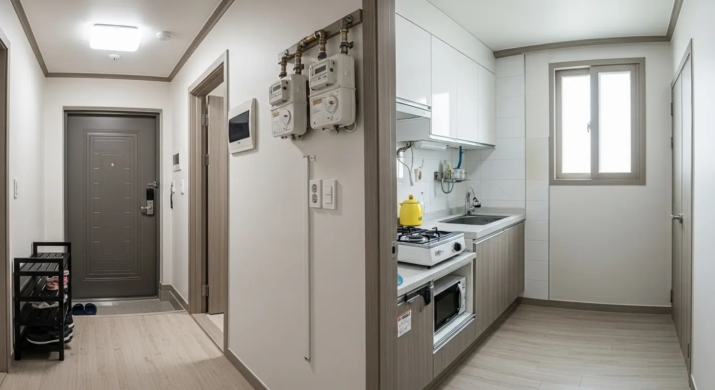 Korean one-room apartment interior showing compact studio layout with kitchenette and utility meters