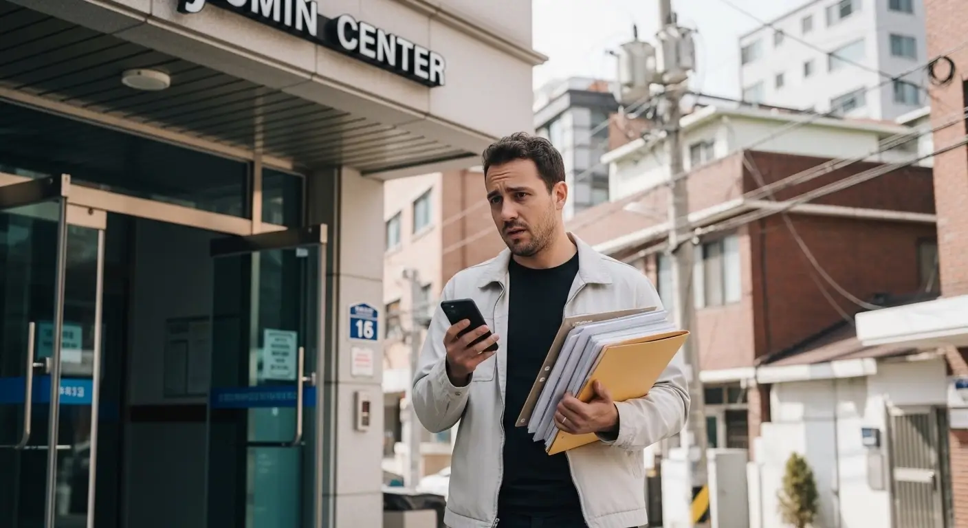 Foreigner standing outside Korean community center holding documents for address registration Korea foreigners process