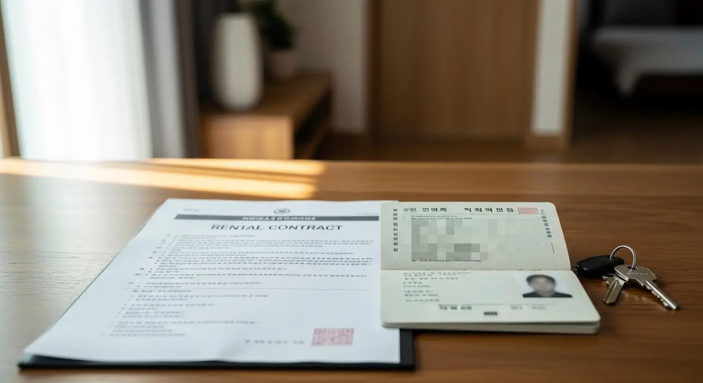 Foreigner reviewing rental contract documents before visiting local community center for address registration in Korea