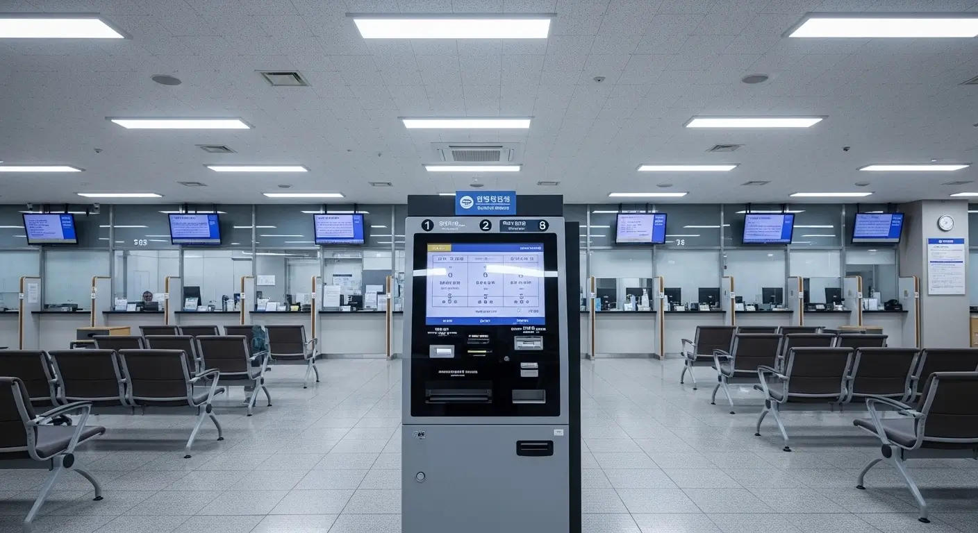 Service window at Korean community center where foreigners complete address registration and administrative paperwork