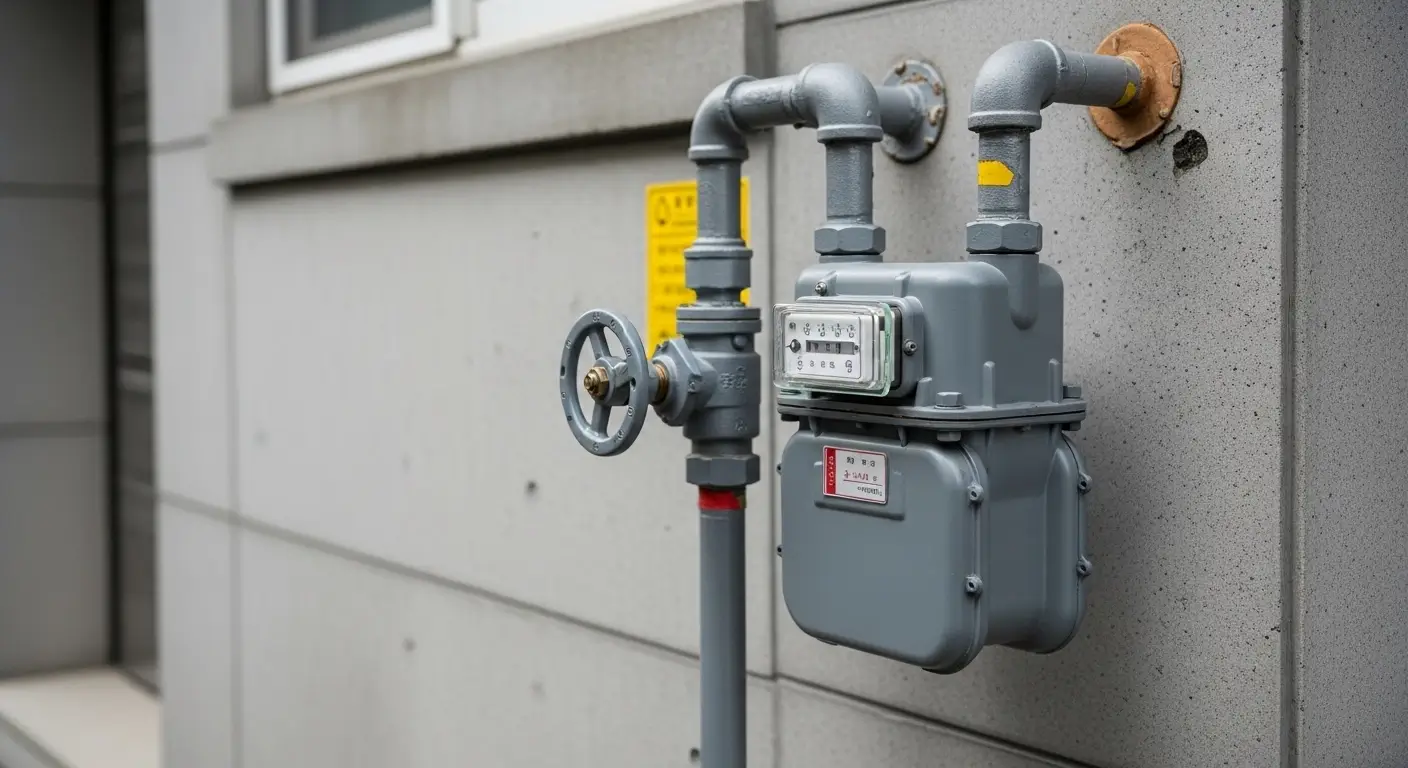 Gas meter outside a Korean residential building showing valve in closed position indicating no active service