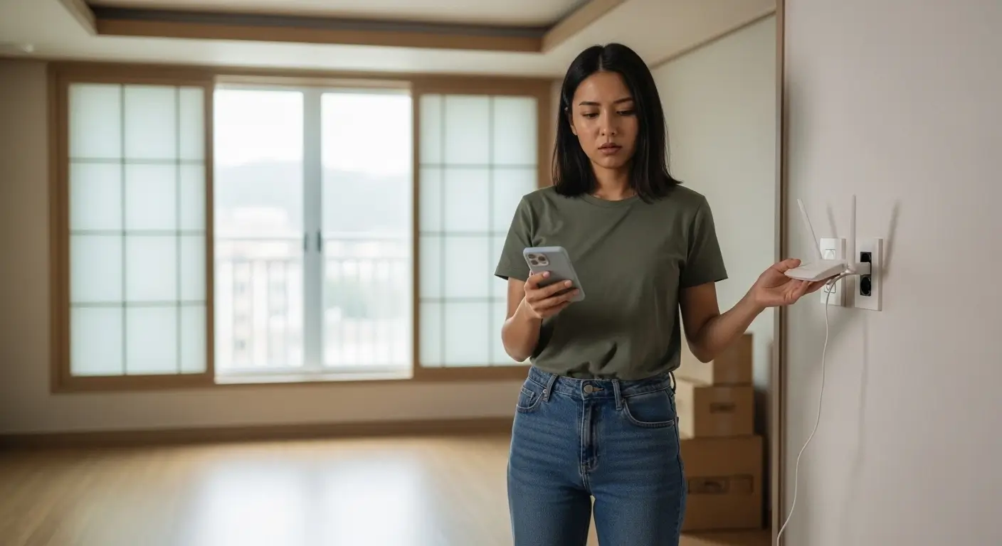 Foreign woman looking at empty wall ethernet port in Korean apartment with moving boxes — home internet Korea setup