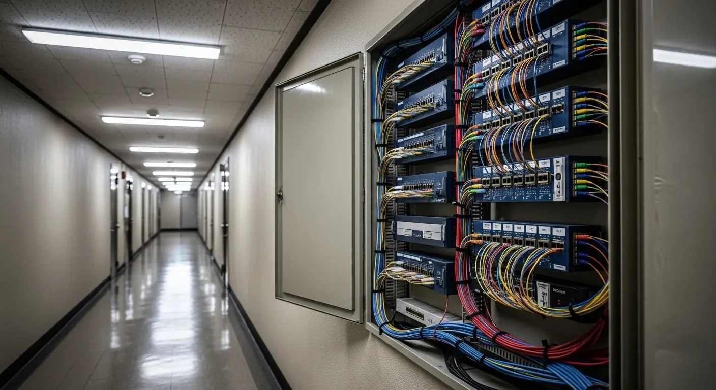 Internet wiring distribution panel in Korean apartment building hallway corridor