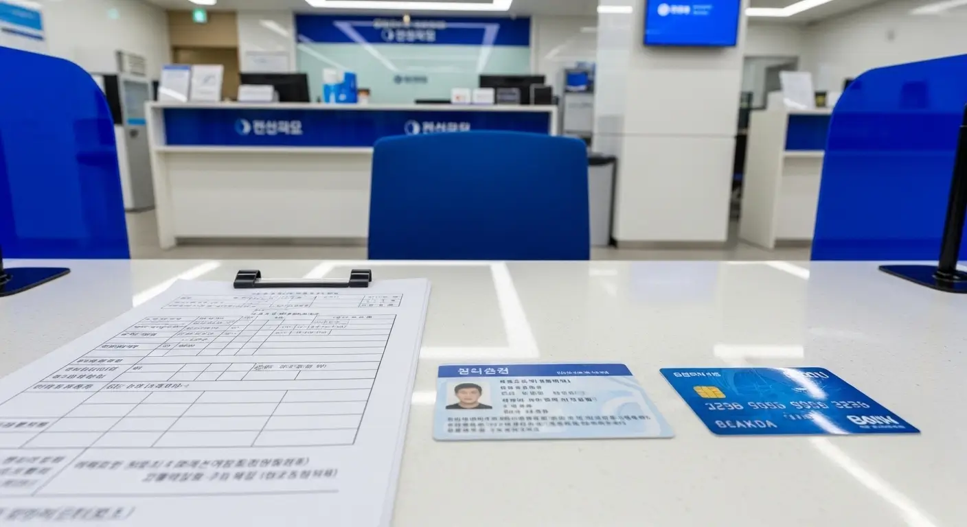 Service counter at Korean telecommunications provider with documents and ID on desk