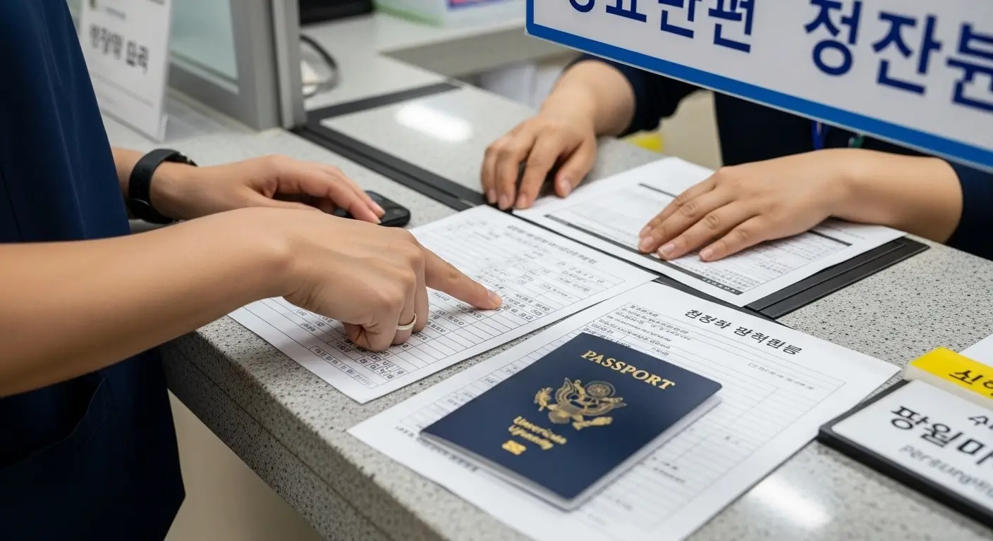 Foreigner's hands at Korean community center service counter with American passport and documents showing address registration issue