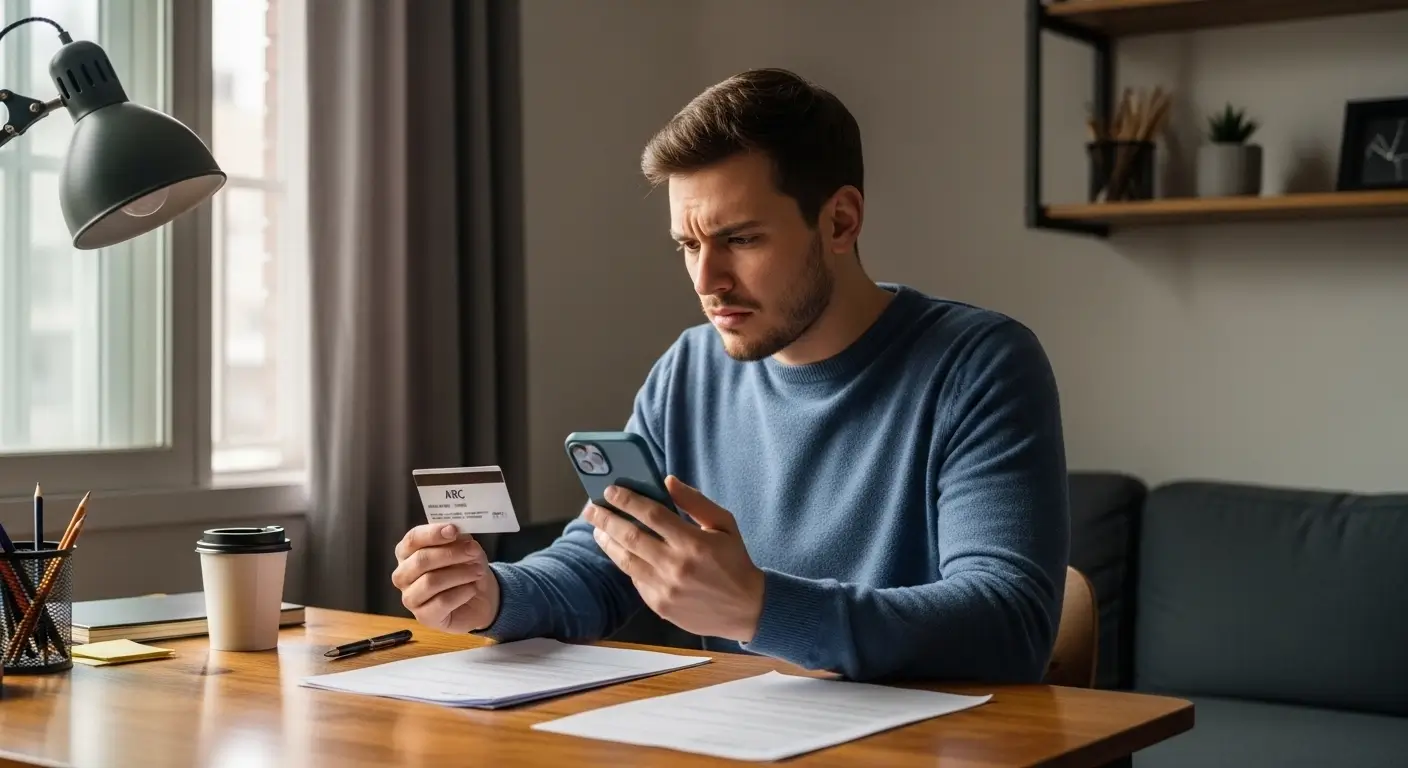 Online verification Korea foreigner checking ARC card and smartphone showing verification failure