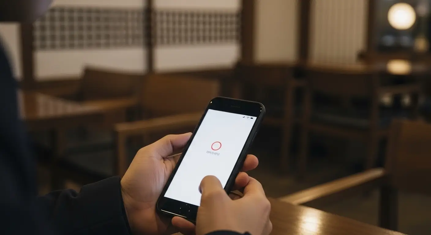 Foreigner holding smartphone showing failed online identity verification screen in Korea