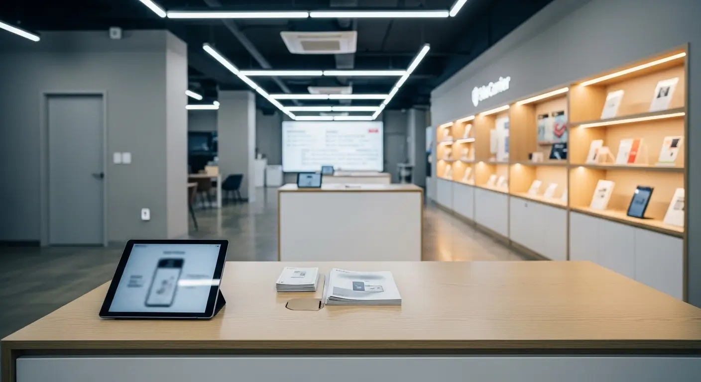 Mobile carrier service counter in Korea where foreigner checks phone plan registration for identity verification
