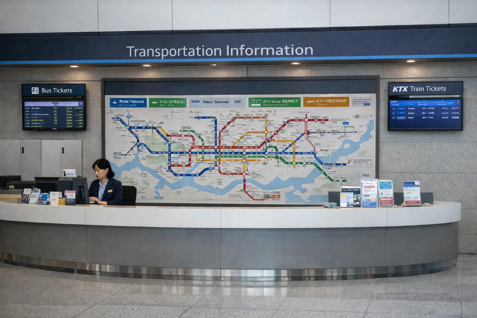Airport transportation Korea foreigners use — information desk with bus route maps and train schedules