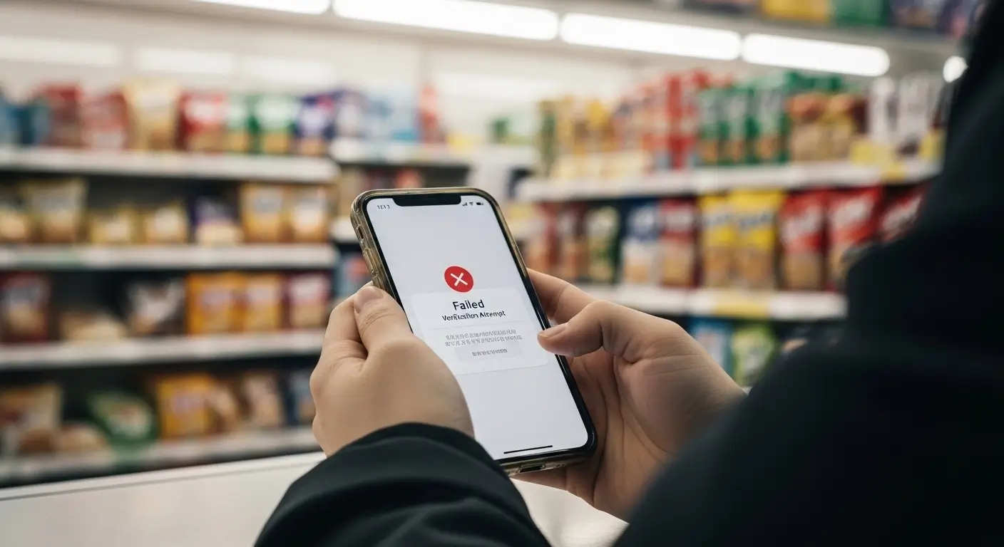 Person holding smartphone showing KakaoTalk identity confirmation error screen at Korean convenience store