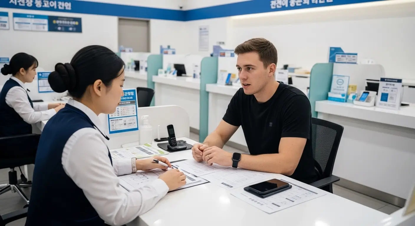 Korean telecom carrier store interior where foreign residents update ARC registration for phone identity confirmation