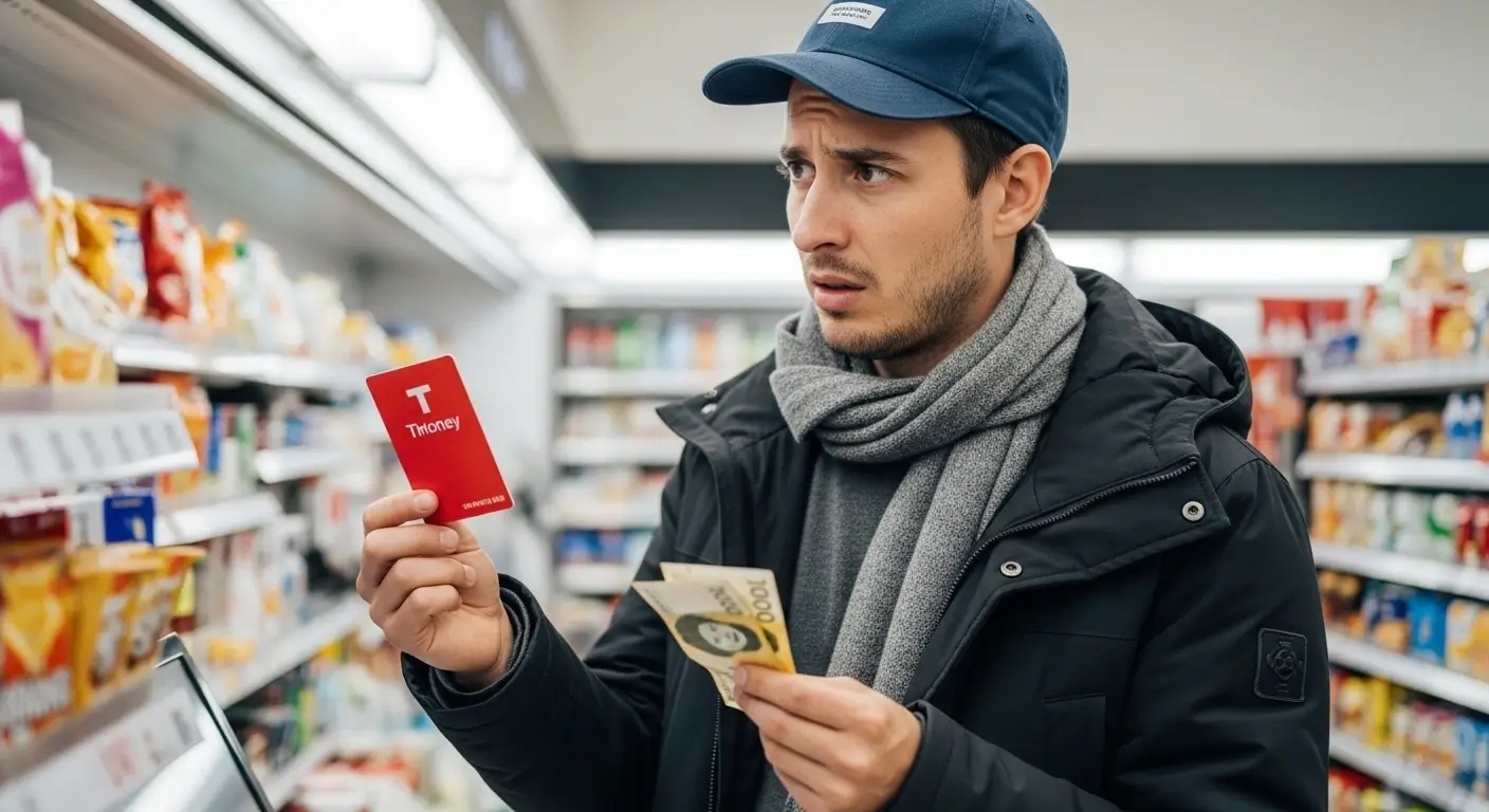 Foreign traveler purchasing T-money card Korea foreigners use at Incheon Airport convenience store