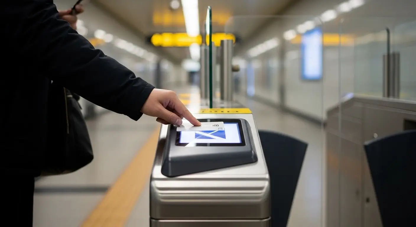 Foreigner tapping T-money card at Seoul subway turnstile during morning commute in Korea