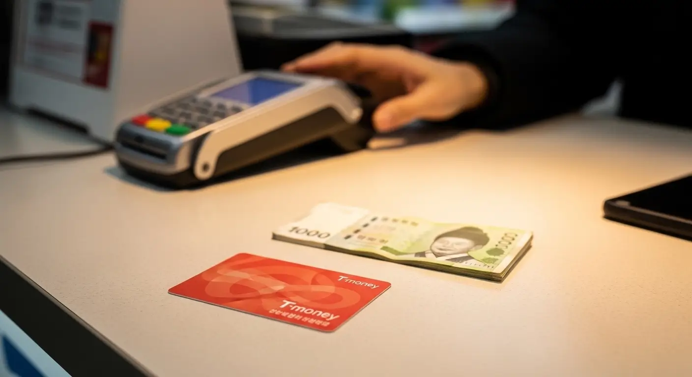 Convenience store counter in Korea showing transit card top-up service with cash payment
