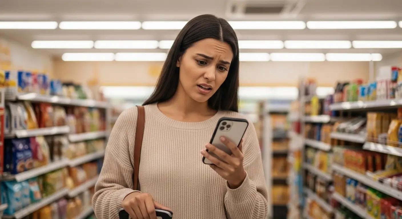 Foreigner in Korea checking korean phone number without arc on smartphone at convenience store
