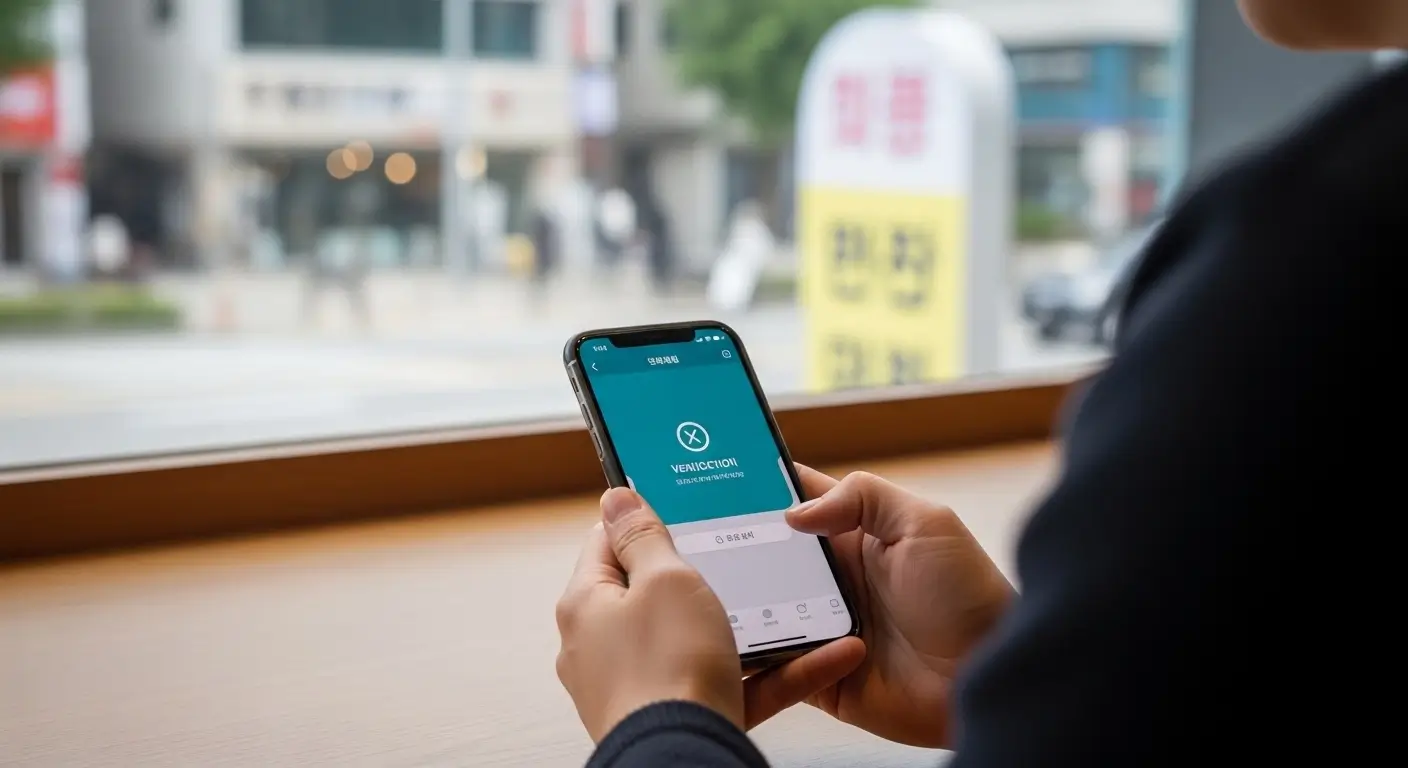 Person holding smartphone showing verification failed screen on Korean banking app