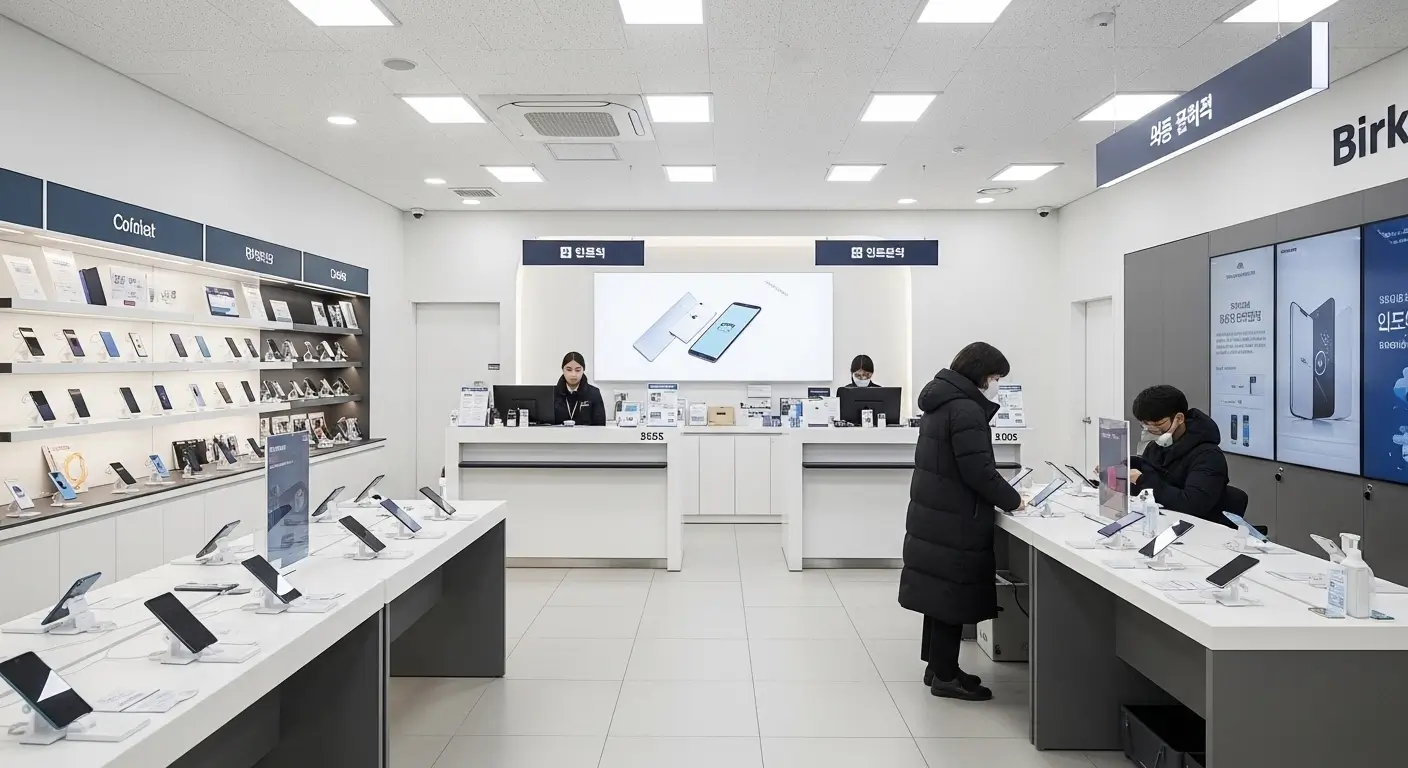 Korean mobile carrier store service counter where foreigners update telecom registration with ARC card