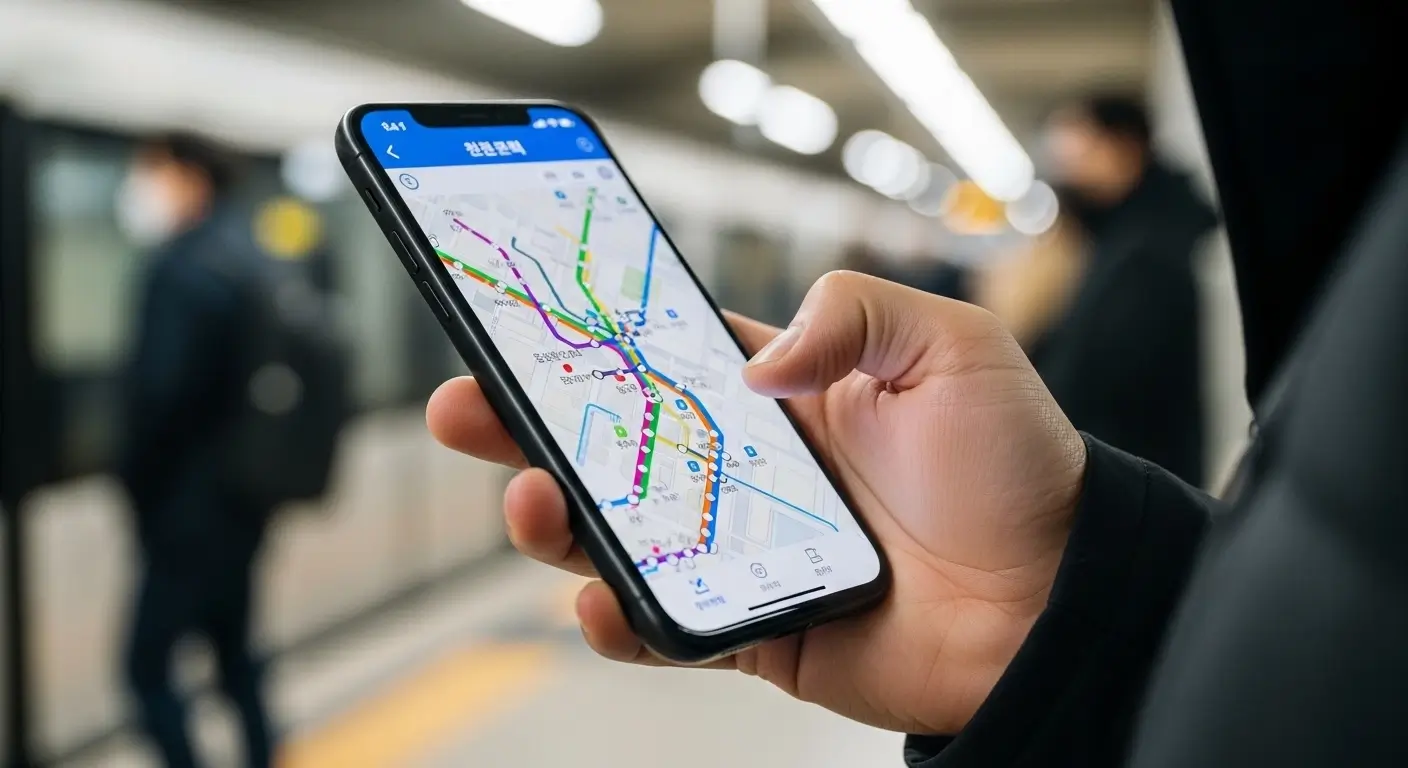 Person navigating Seoul subway station using Korean map app on smartphone