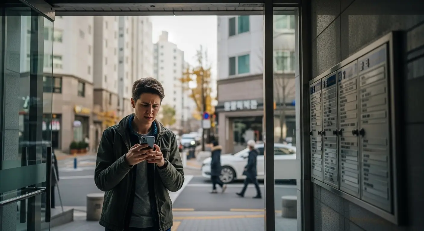 Foreigner checking smartphone address search near Korean residential building entrance