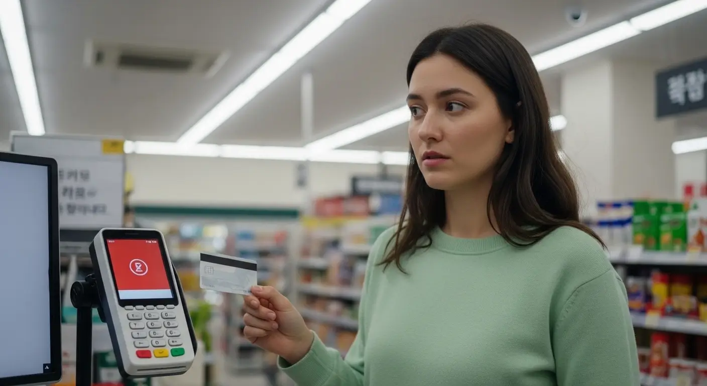 Foreigner holding international credit card at Korean payment terminal — paying in korea as a foreigner and experiencing a card rejection