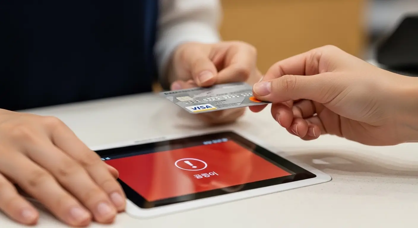 Person holding foreign credit card at Korean convenience store payment terminal showing a card decline screen