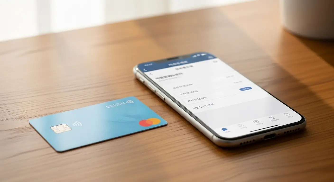 Korean debit card placed next to smartphone displaying Kakao Pay app registration on a desk