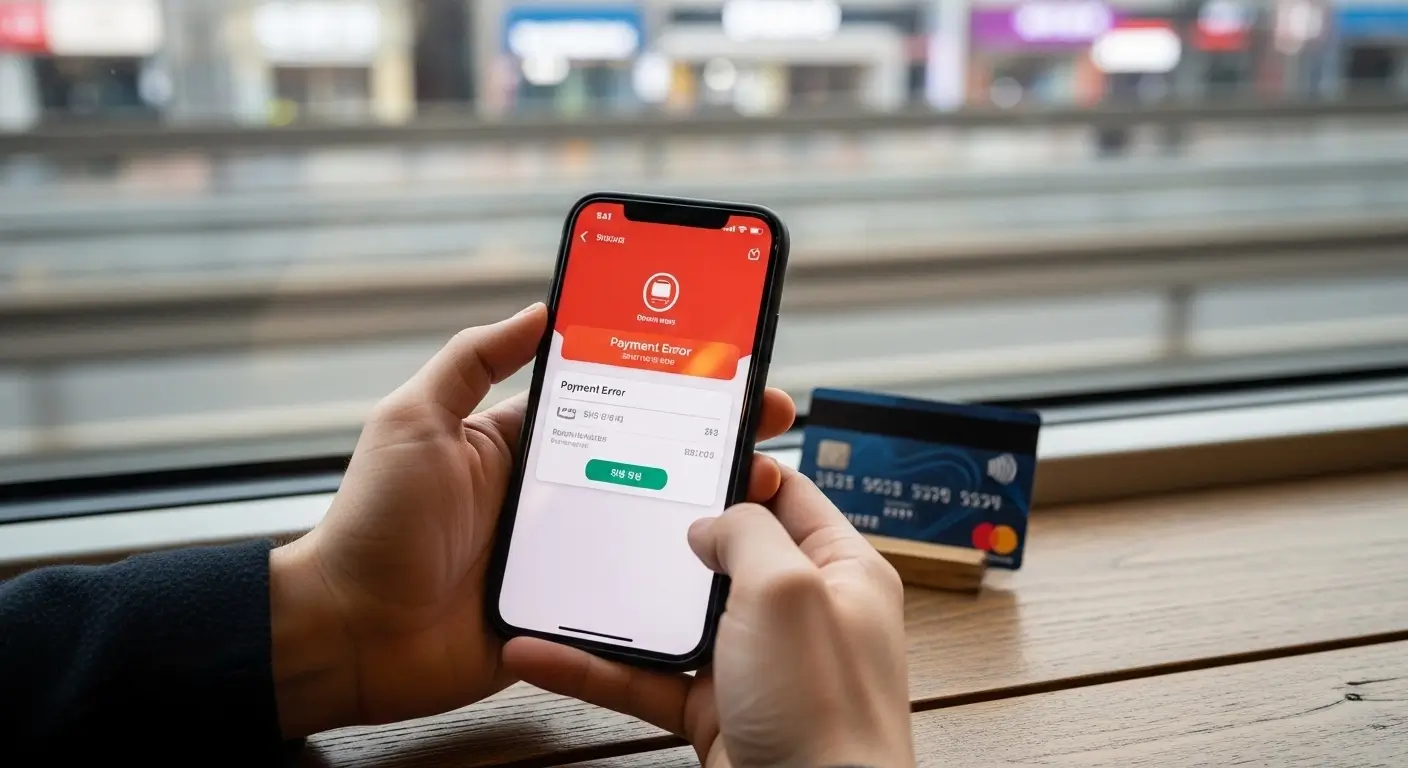 Foreigner holding smartphone at Korean train station showing a payment error on the booking screen