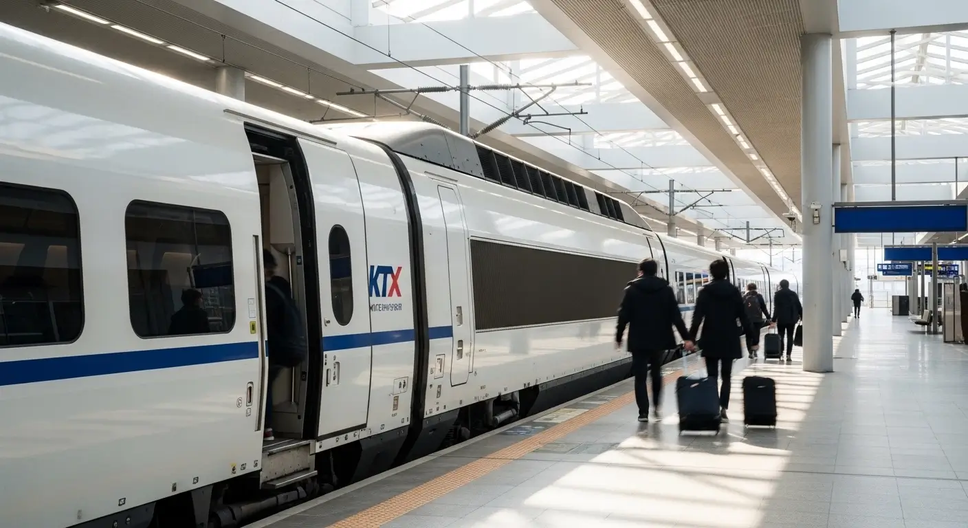 KTX high-speed train at Seoul Station platform with passengers boarding in early morning