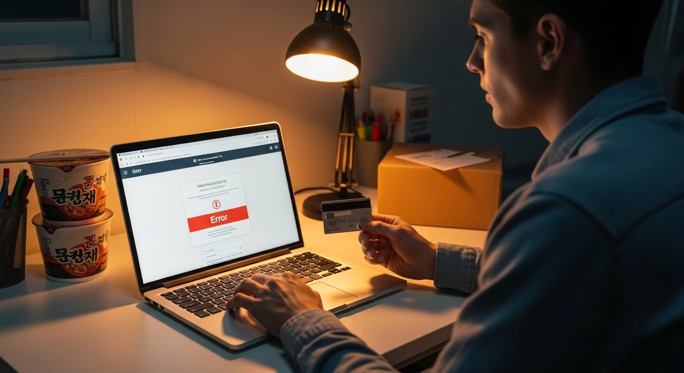 Foreigner at desk with laptop showing coupang checkout foreigners Korea payment error and foreign credit card