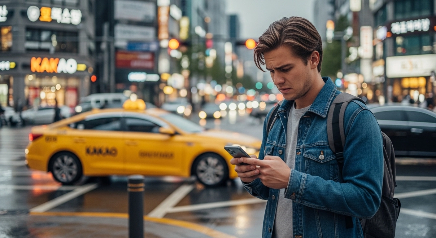 Kakao T registration foreigners Korea — foreigner checking phone at Seoul taxi street