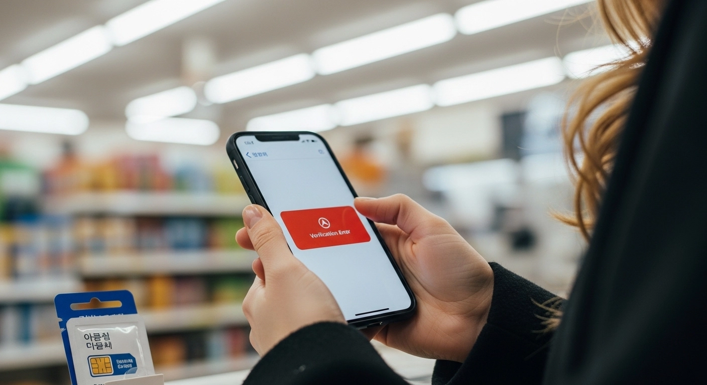 Foreigner holding smartphone showing Kakao T verification error screen at Korean taxi stand