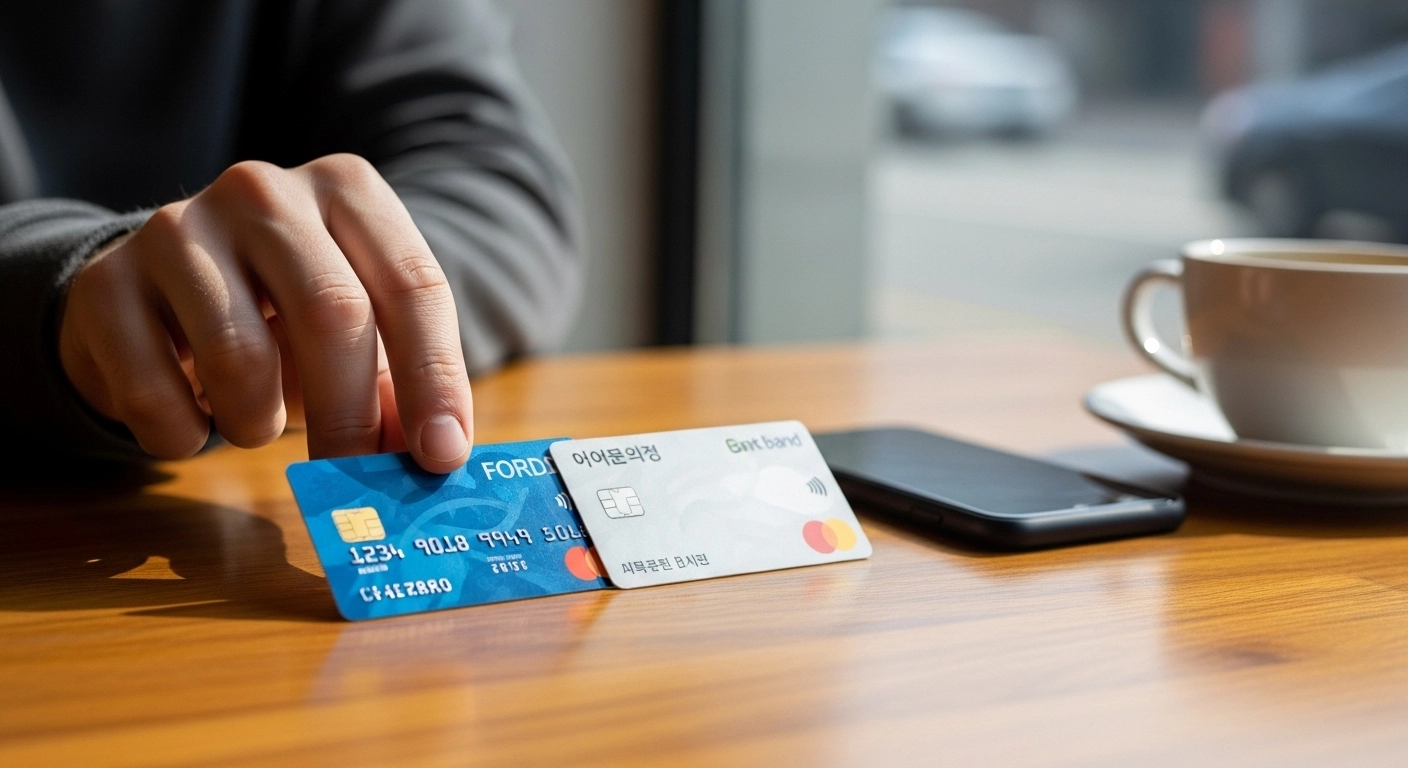 Close-up of foreign credit card next to smartphone displaying payment registration failure on Korean ride-hailing app