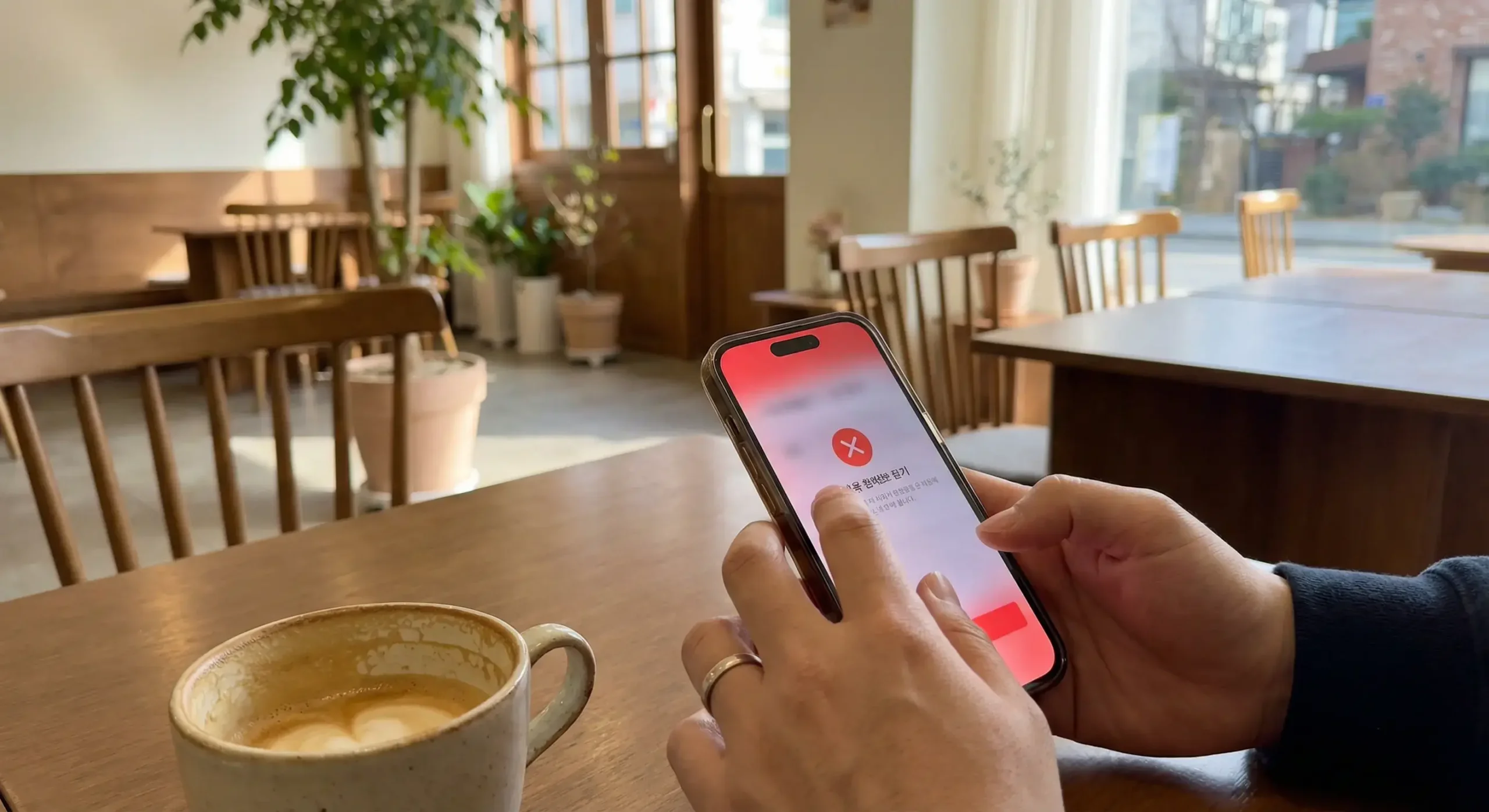 Foreigner holding smartphone showing PASS app verification error in Korea