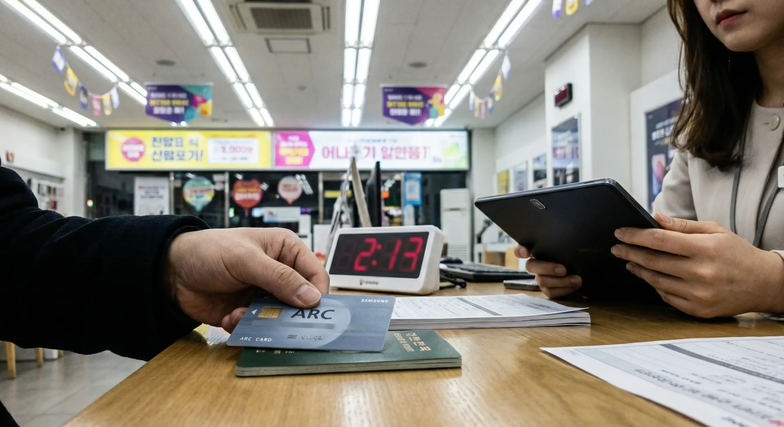 Person at Korean mobile carrier store counter resolving phone registration and identity verification